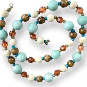 Unique mixed materials brown and blue necklace